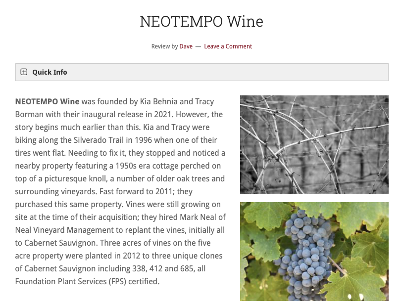 Screenshot of an article about Neotempo wine